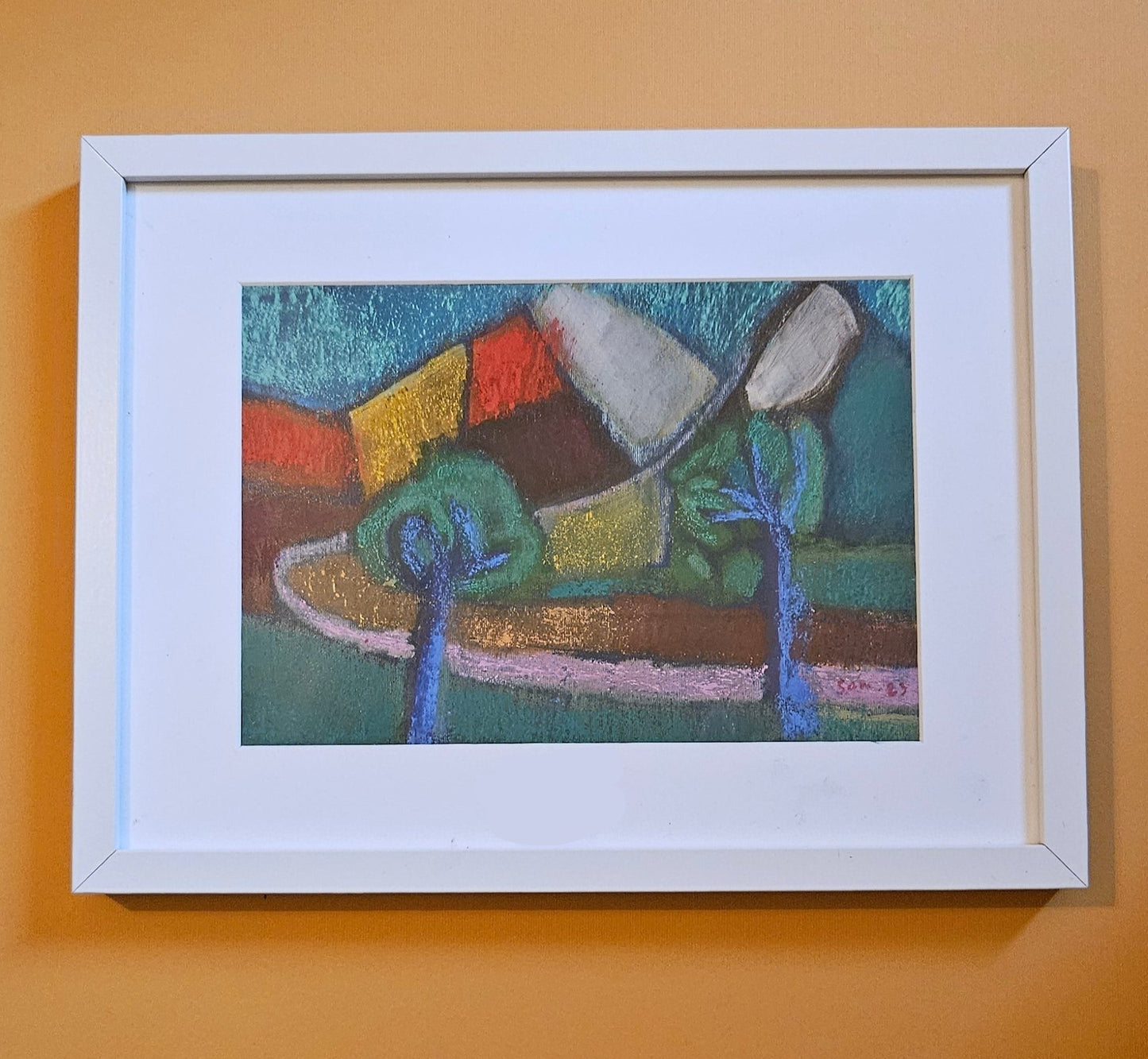 Abstract mixed media art piece of rolling hills and two blue trees in forefront. By artist Edoardo Samasta Latour.