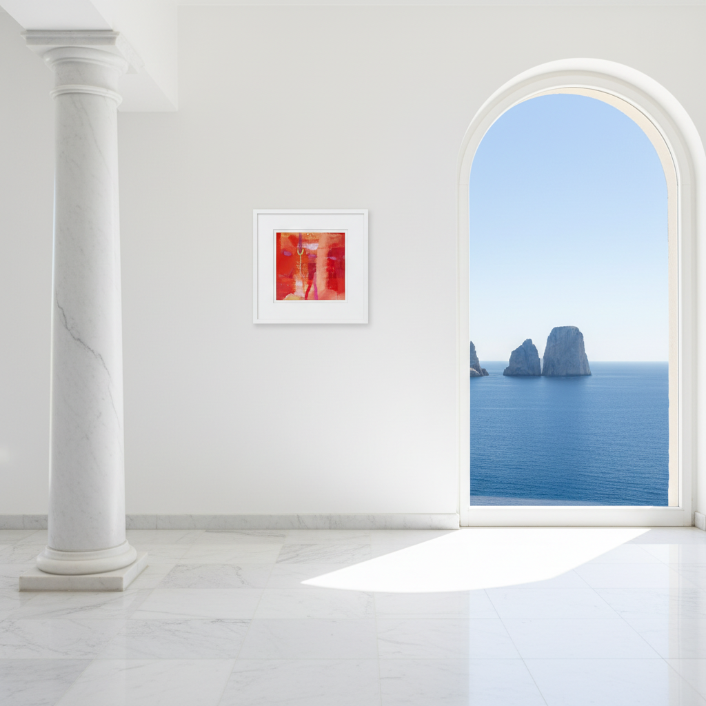 Lifestyle image — Abstract painting in a white Mediterranean Capri interior