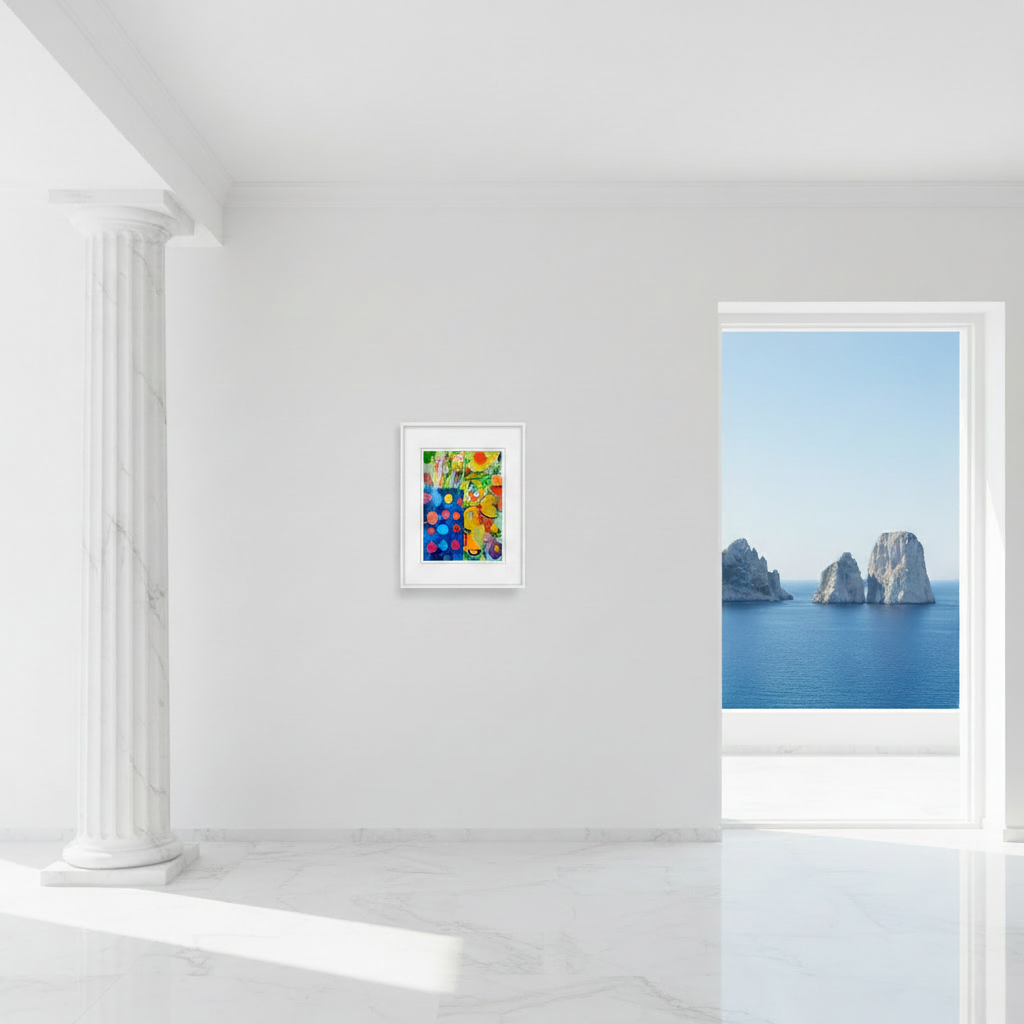 Lifestyle image — Polka Dot Vase with Yellow Flowers in a white Mediterranean Capri interior
