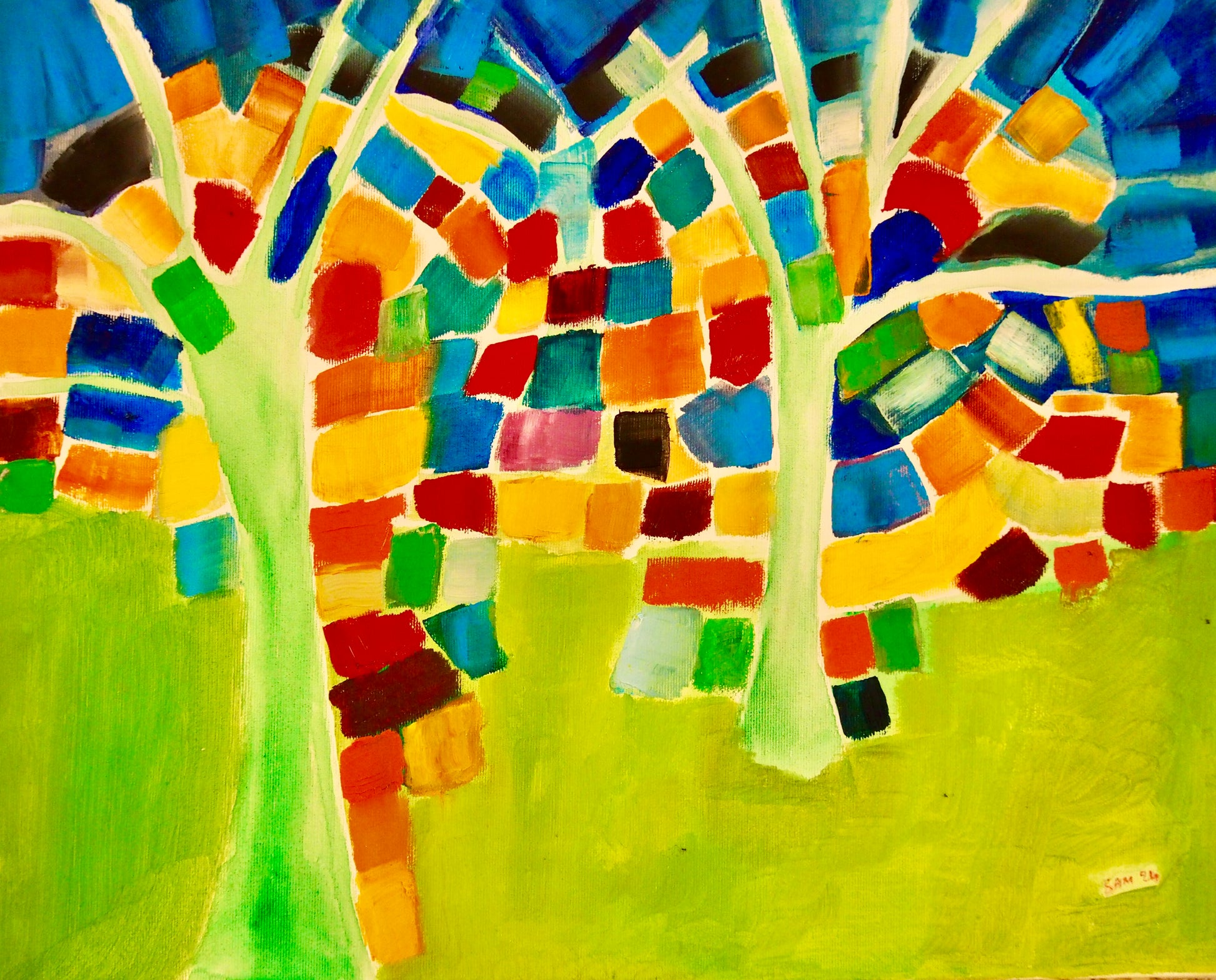 Abstract tree painting with green tree bark, blue and green background. Oil painting on canvas by artist Edoardo Samasta Latour