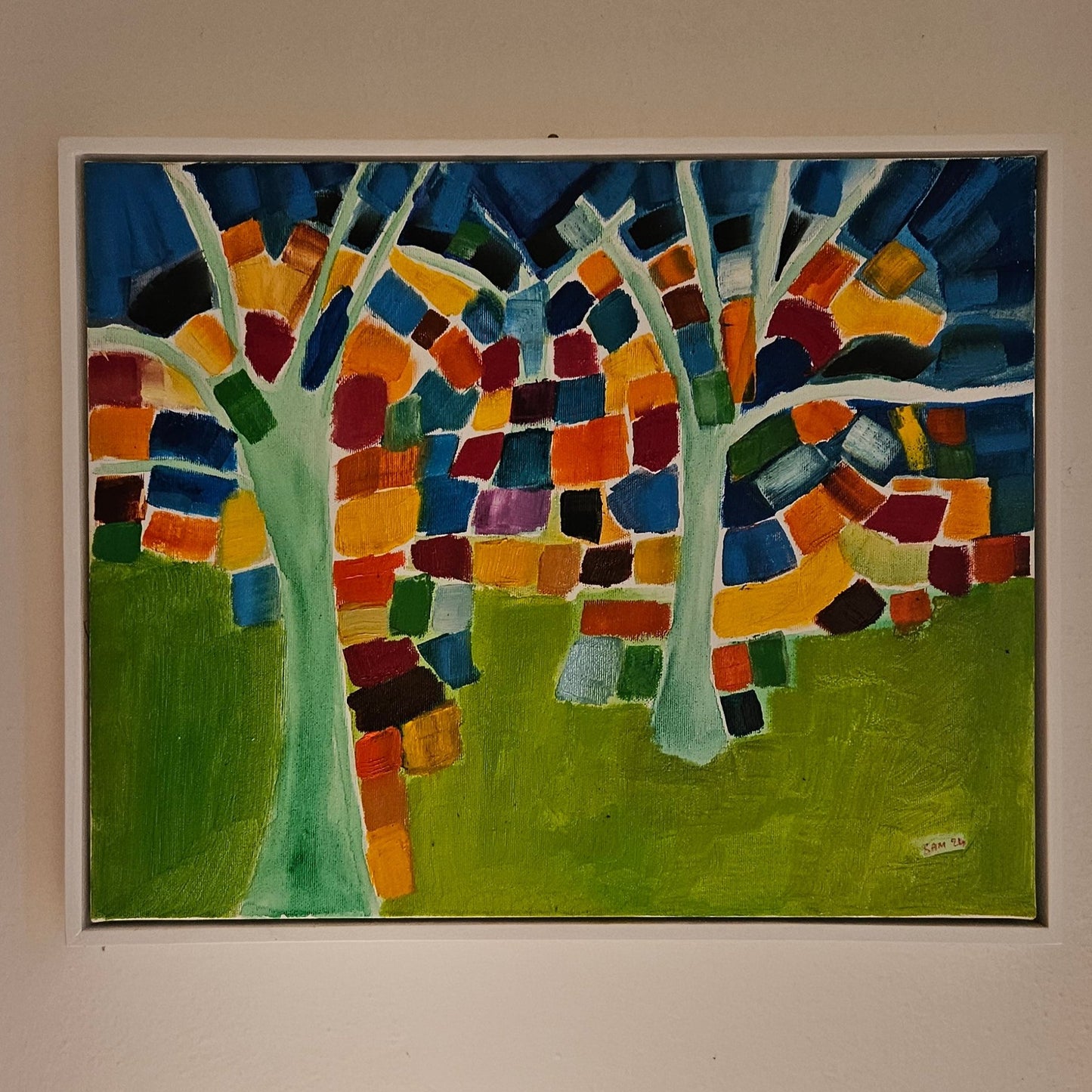 Abstract tree painting with green tree bark, blue and green background. Oil painting on canvas with a white frame by artist Edoardo Samasta Latour