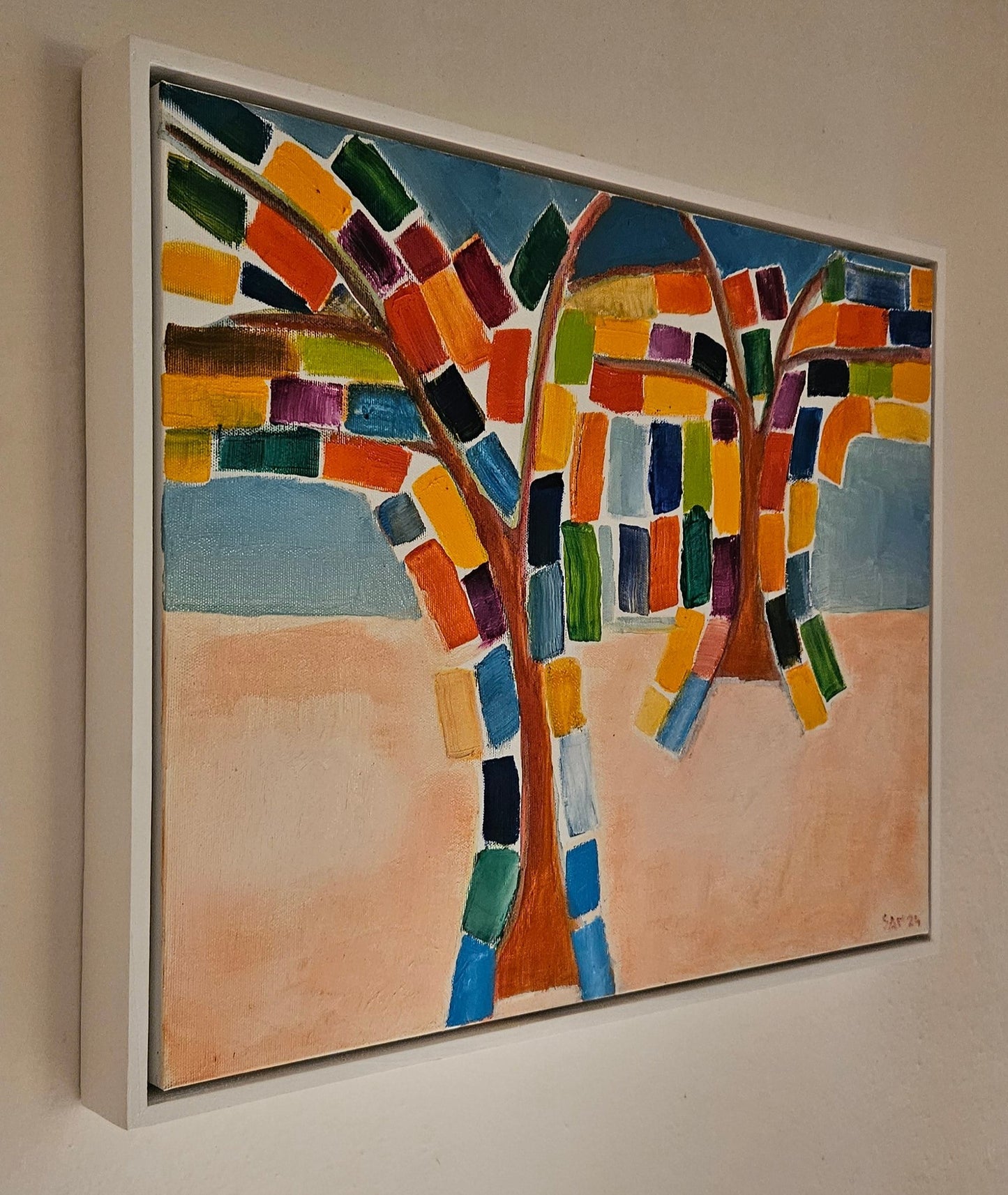 Abstract oil painting of trees with colorful squares and peach and blue background. Painted by artist Edoardo Samasta Latour