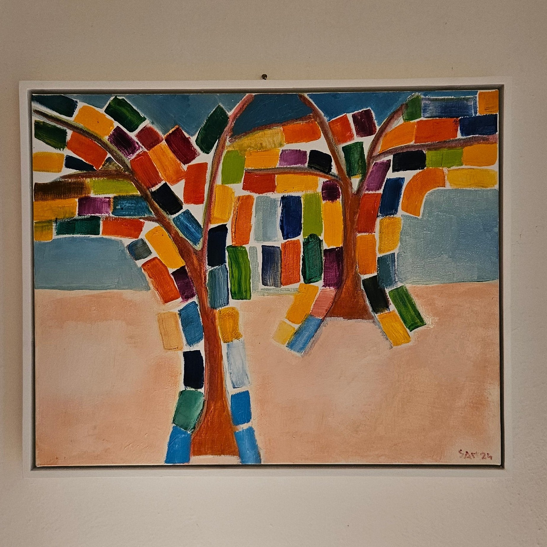 Abstract oil painting of trees with colorful squares with peach and blue background. Painted by arist Edoardo Samasta Latour.