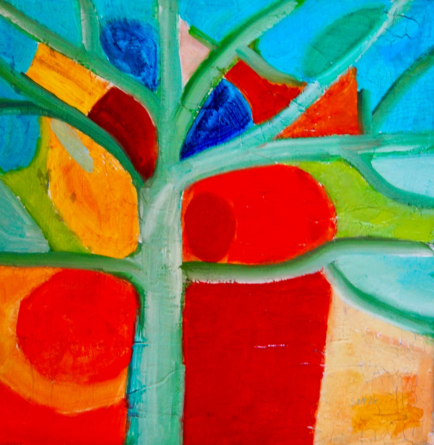 Detailed photo of abstract oil painting with green tree with blue, orange red and yellow shapes in the background