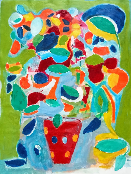 Abstract oil painting of a flower vase surrounded by different shapes and colors with a green background. Painting by artist Edoardo Samasta Latour