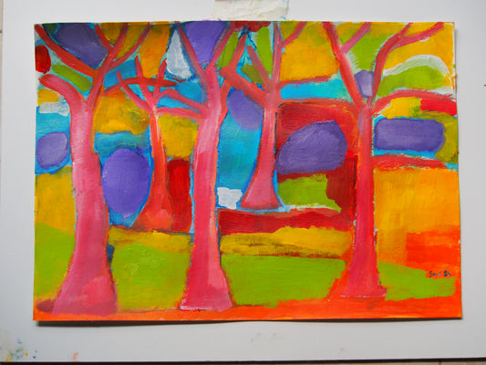 Red trees 07 (pink and yellow light blue background)