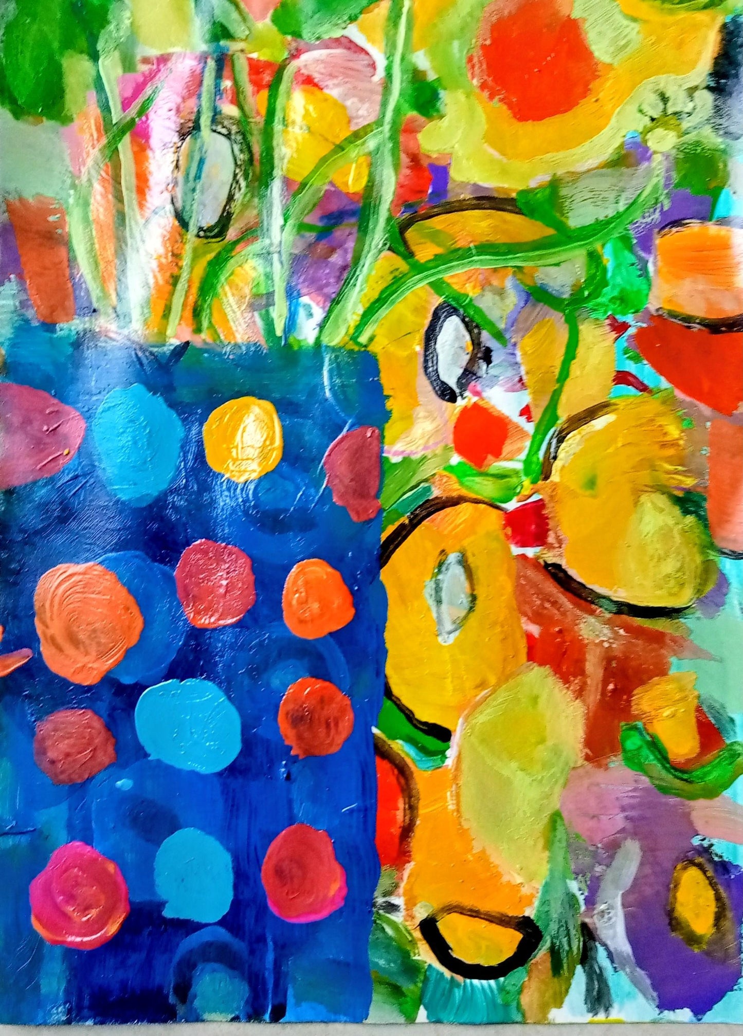 Polka Dot Vase with Yellow Flowers — Original Italian Contemporary Painting
