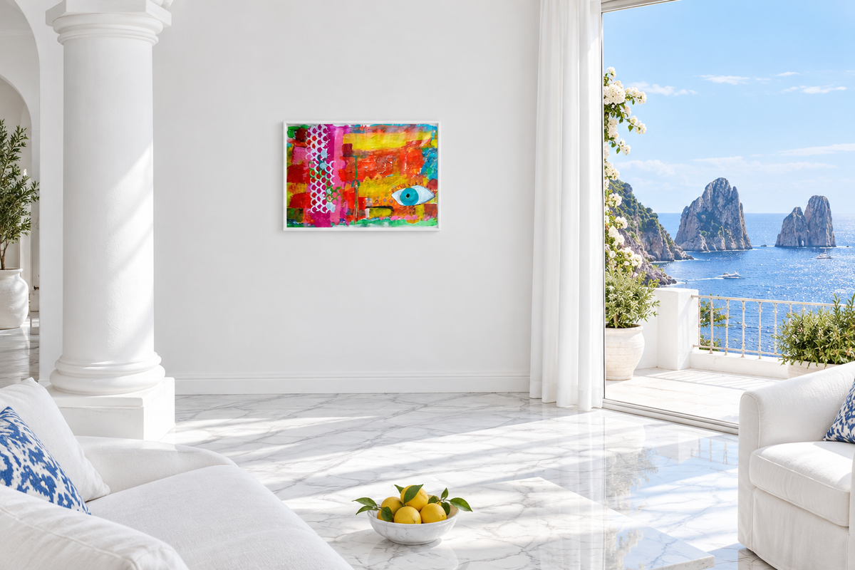 Abstract 22 displayed in a bright Capri interior with a sea view