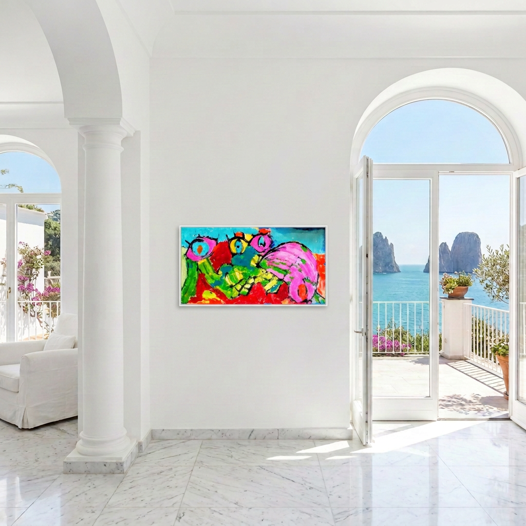 Abstract 186 displayed in a white Capri-inspired interior overlooking the sea and Faraglioni.