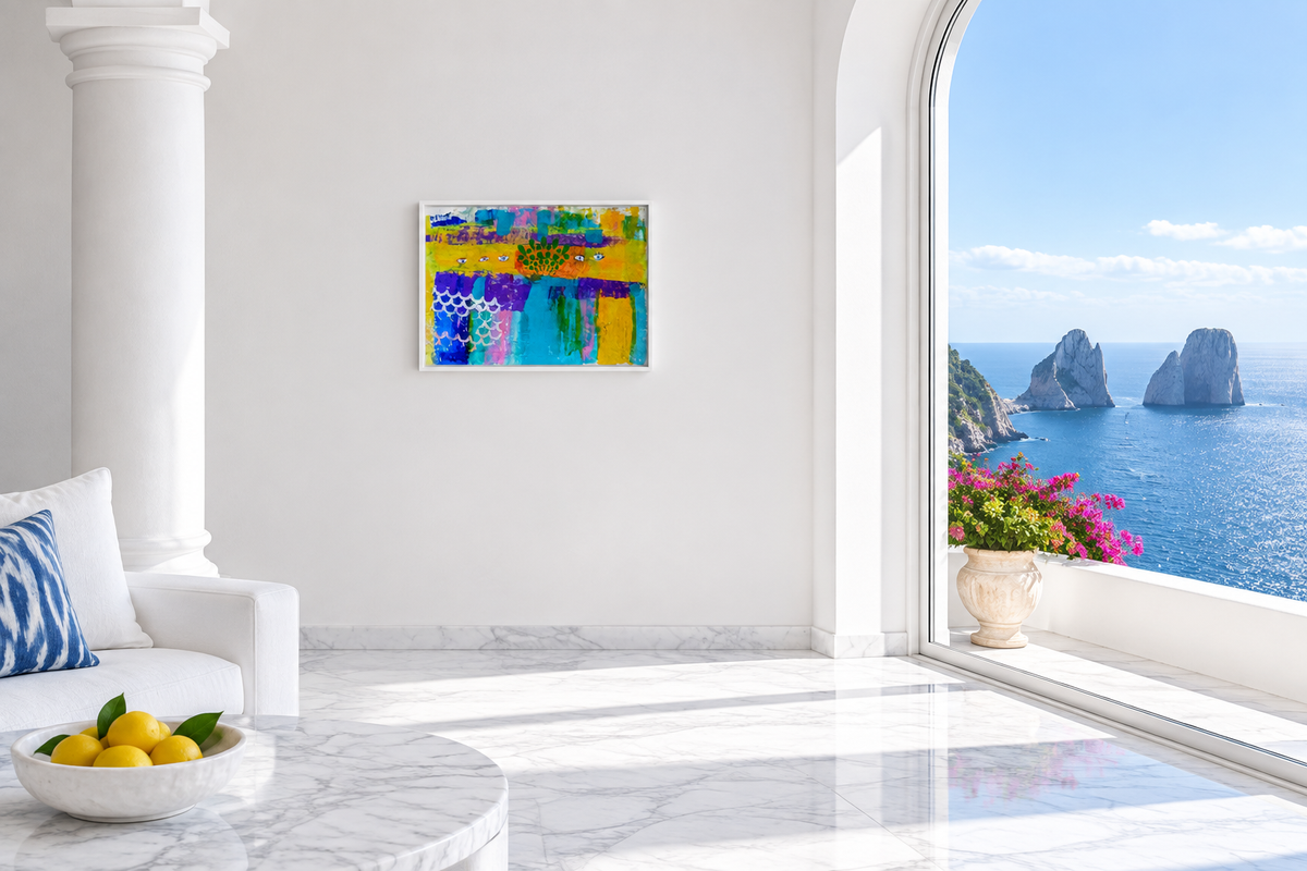 Abstract 24 displayed in a bright Capri interior with a sea view